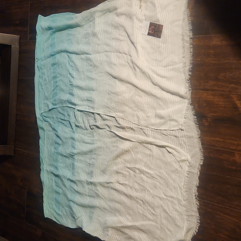 nwt RUGGINE ombre Beach coverup OS aqua+white semi-sheer fringed shawl new